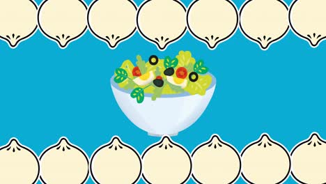 animation of bowl of egg salad onions and rows of onions moving top and bottom on blue background