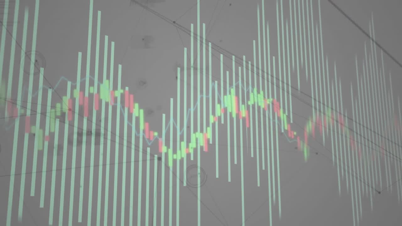 Abstract financial chart being visualized with mint bars, candlesticks, blue line, network nodes