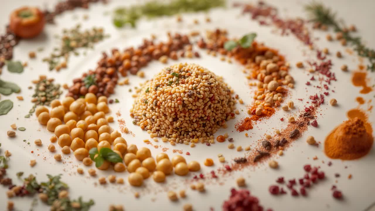 Camera pulling back, revealing seed mound on studio white plate to show yellow legumes, spices