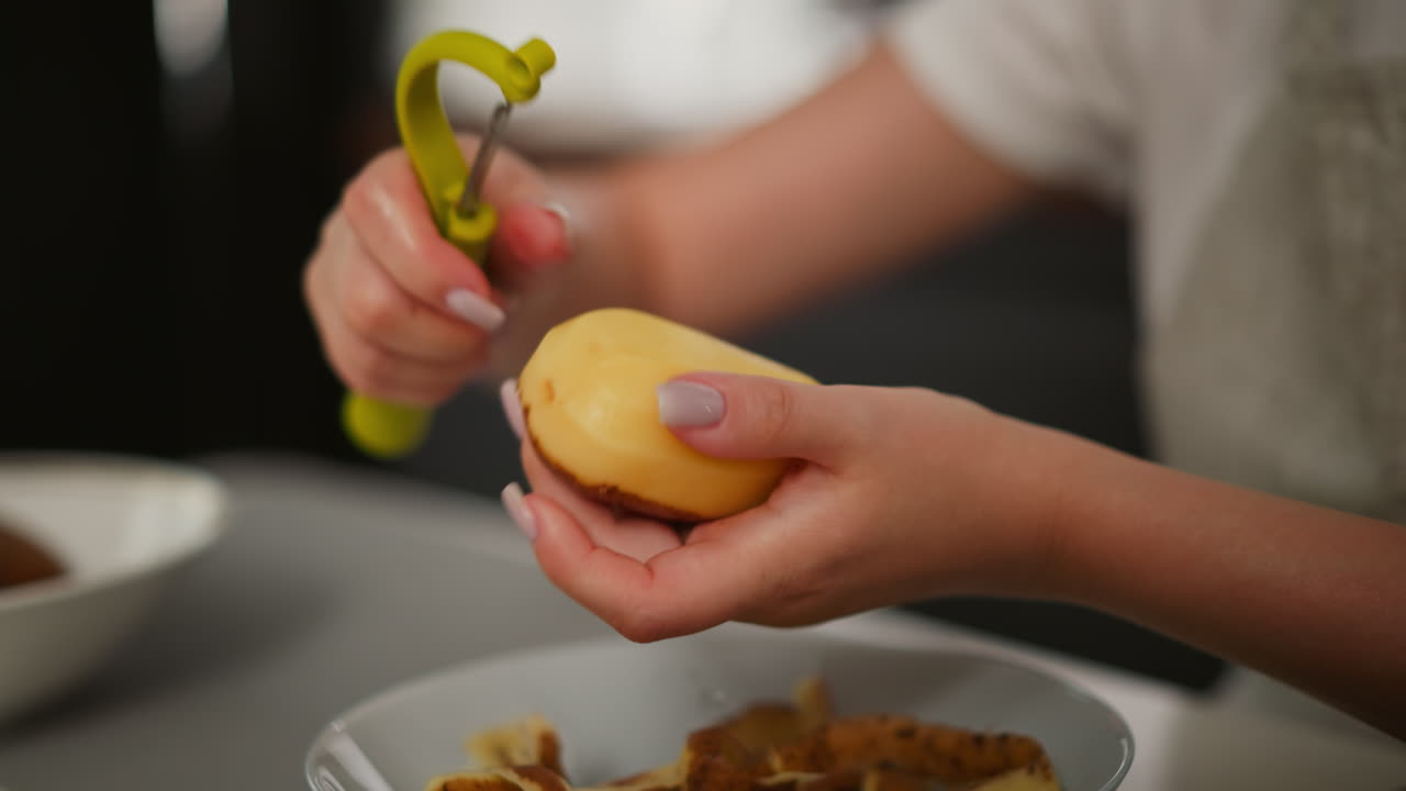 Close up of woman peeling sweet potato with yellow peeler over bowl filled with peelings, focus on hands and potato texture, blurred kitchen appliances in background