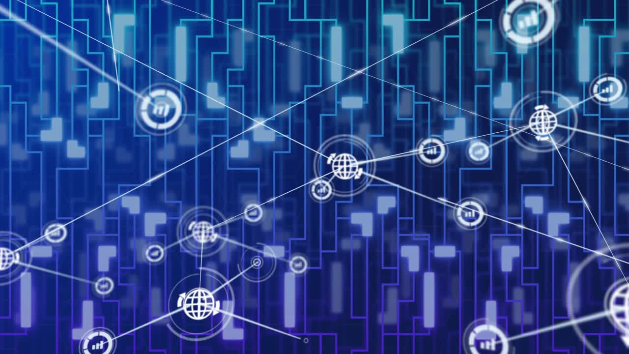 Central globe pulsing and spawning chart nodes and globes, expanding tech network to visualize data