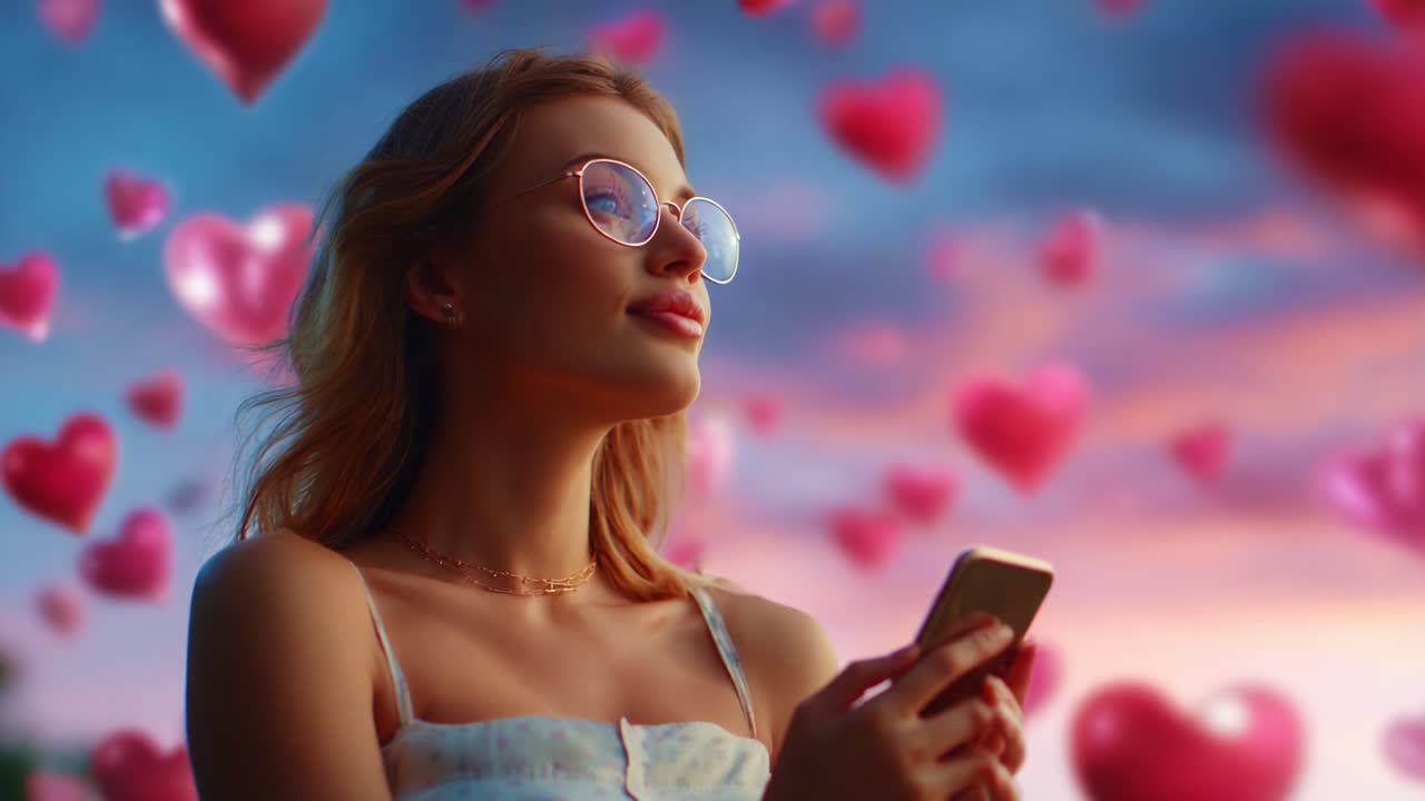 A Blissful Moment of Romance: A Thoughtful Young Woman Lost in Daydreams Surrounded by Floating Heart Shapes While Holding Her Smartphone Against a Beautiful Colorful Sky Background