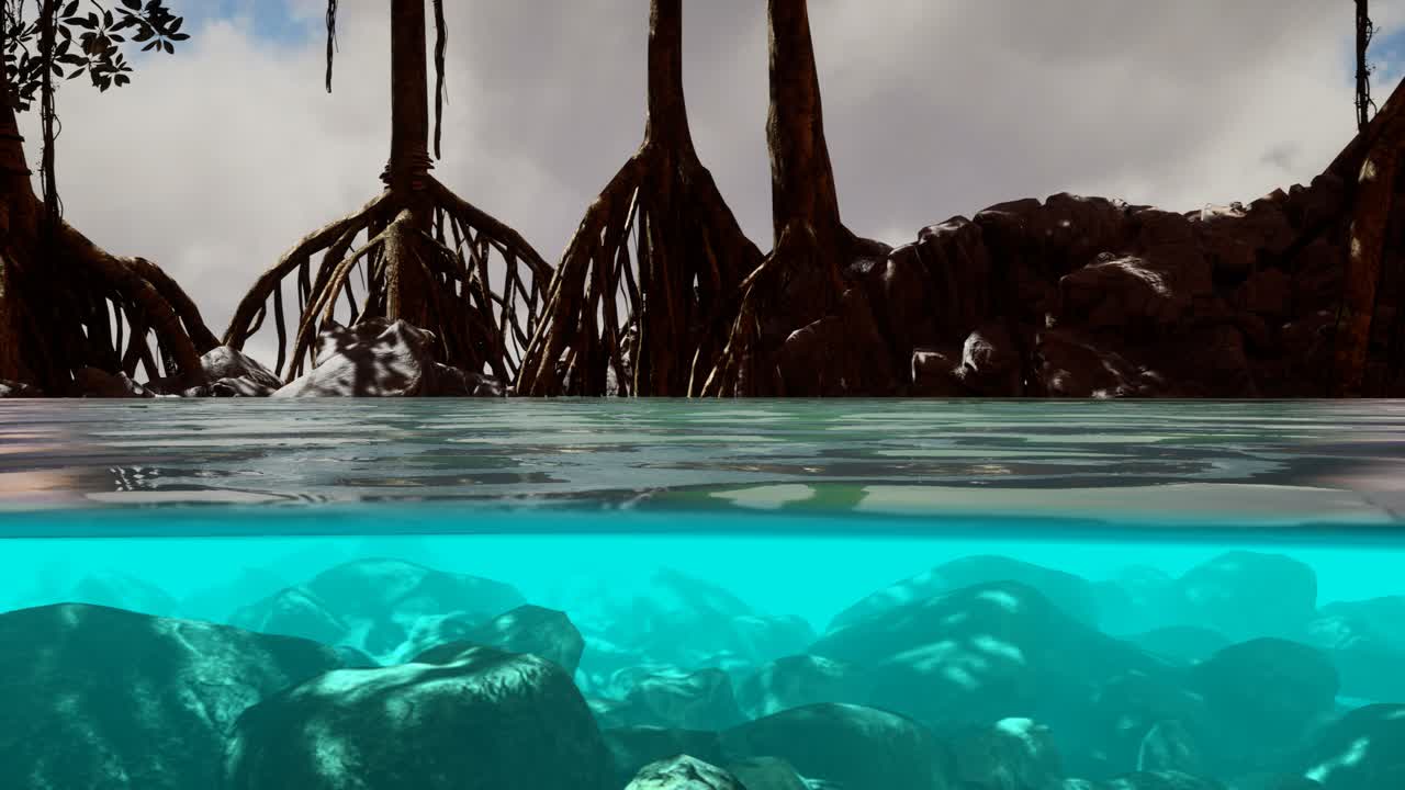 만그로브 나무 근처의 해수면 위와 해수면 아래