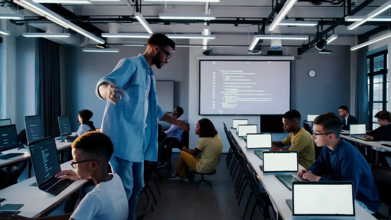 Students and teacher in a modern computer lab