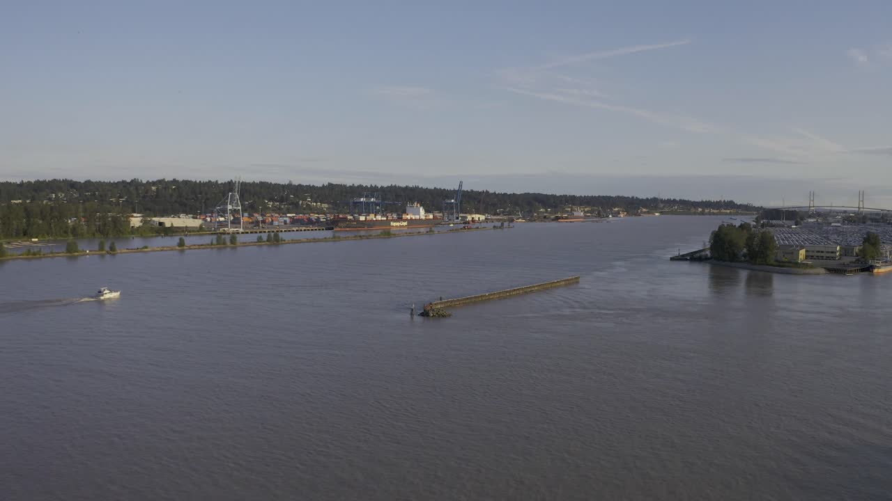 Aerial Panaramic New Westminster Quay Fraser River Annacis Channel Water Taxi Boat