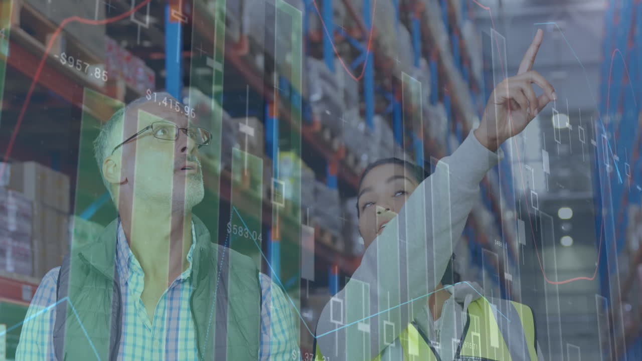 Animation of statistics and financial data processing over man and woman working in warehouse
