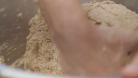 sourdough bread dough kneading in a bowl, closeup on hands