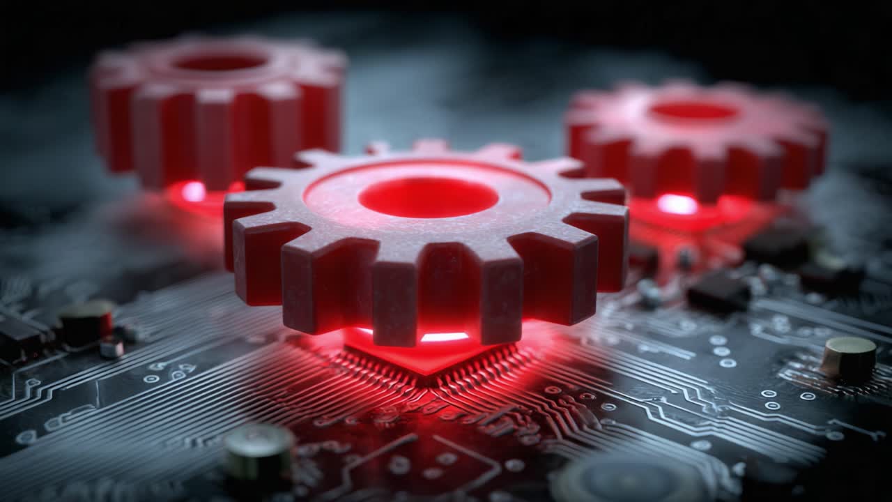 Futuristic Gears Illuminated on a Circuit Board, Symbolizing Technology and Innovation in Mechanisms and Digital Systems