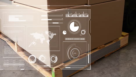 Animation-of-interface-with-data-processing-against-delivery-boxes-on-wooden-pallet-at-warehouse