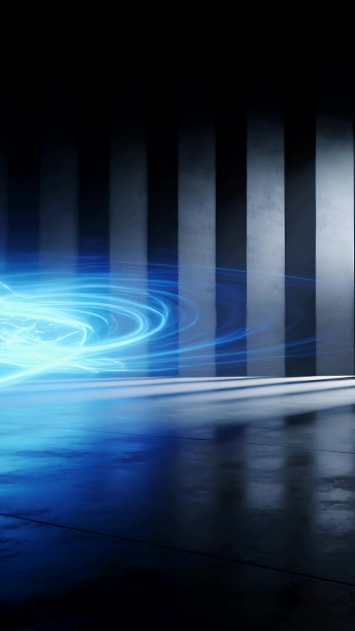 Video verticale: Fasci di luce blu pulsanti che formano un vortice in una sala con costoloni e pavimento riflettente.