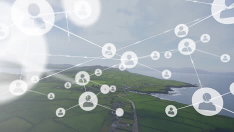 network of connections and data processing animation over coastal landscape