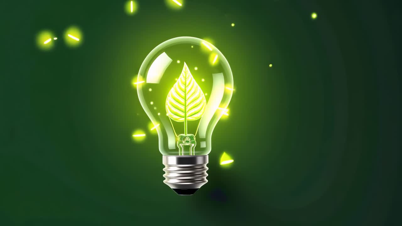 A close-up video concept of a glowing light bulb with a leaf inside, symbolizing eco-friendly