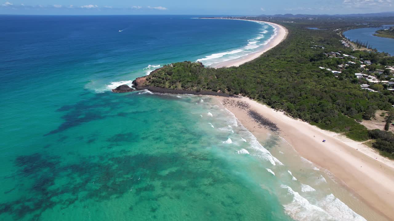 Dreamtime Beach, Fingal Head, And Fingal Head Beach In NSW, Australia - Aerial Pullback