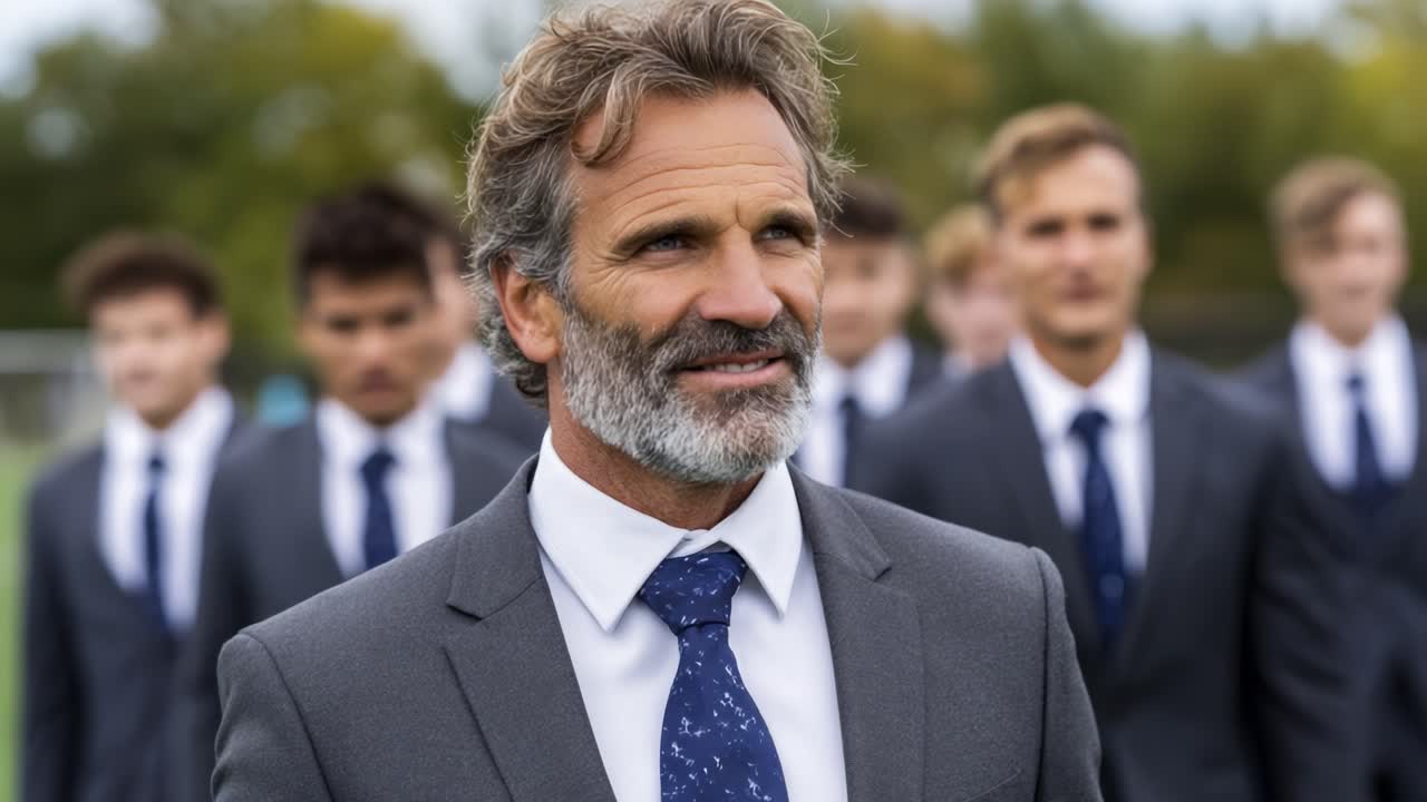 A Confident Leader in a Smart Suit: The Inspiring Presence of a Charismatic Figure Surrounded by a Group of Young Professionals in a Sporty Setting