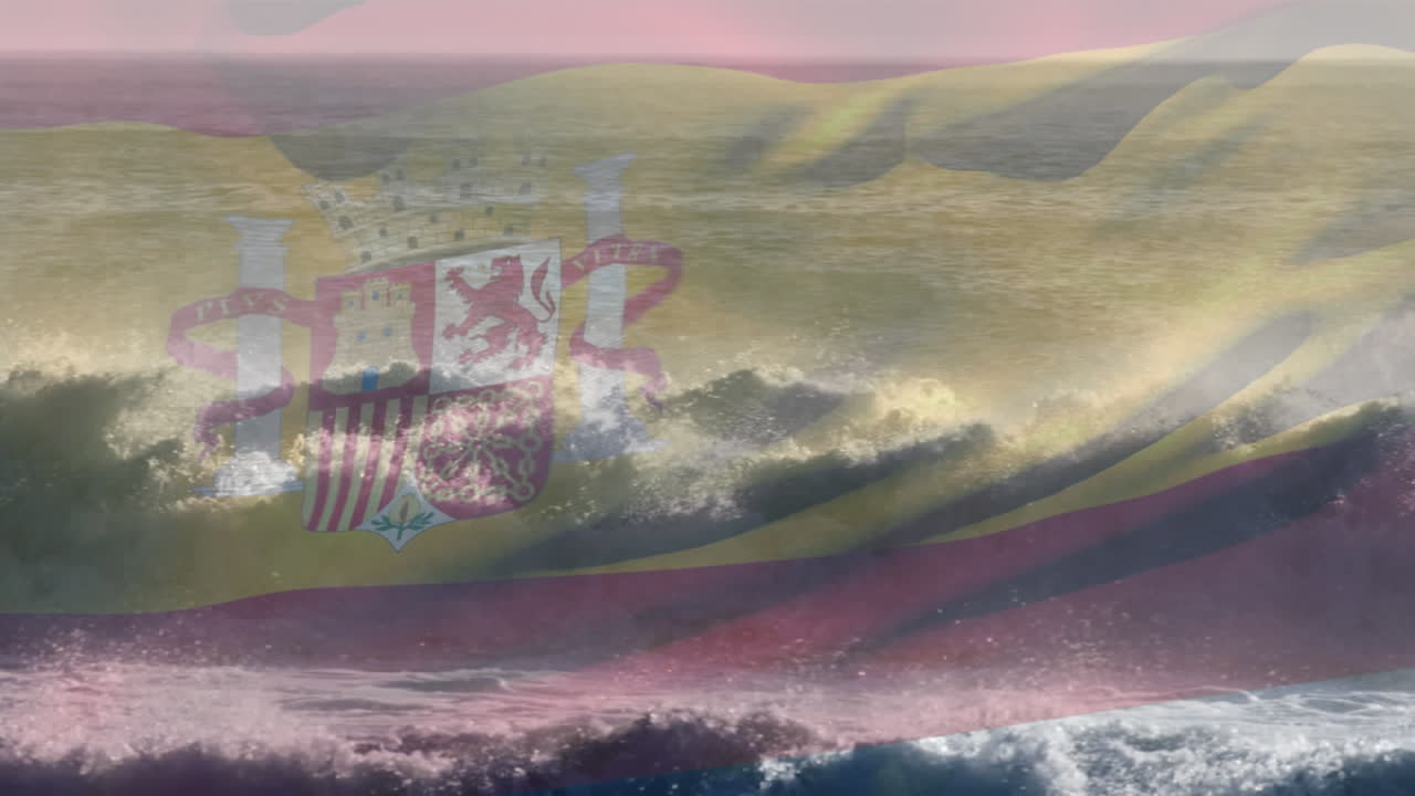 스페인 국기가 해변 해양 풍경 위에서 날아다니는 애니메이션