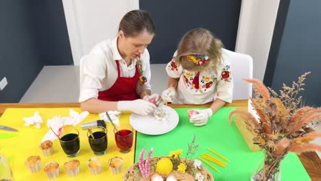 mother and daughter decorating easter eggs