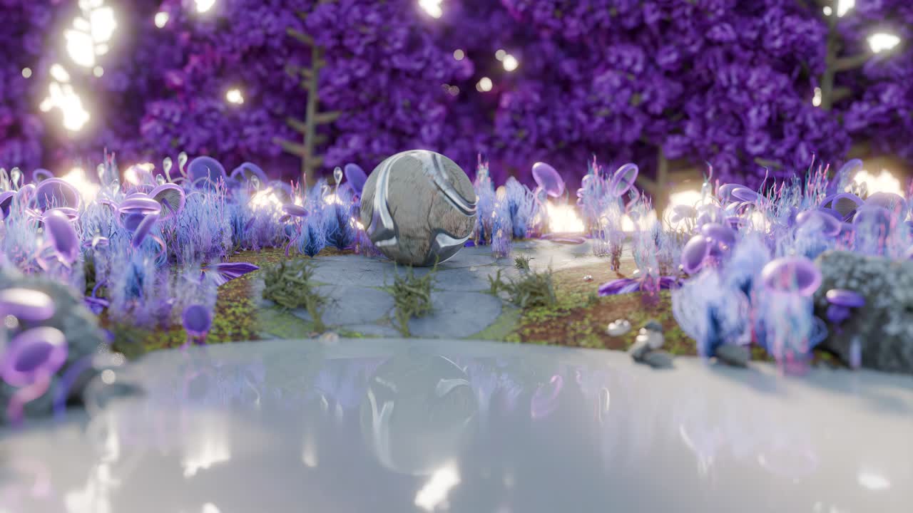 bosque de fantasía con plantas brillantes y un arroyo