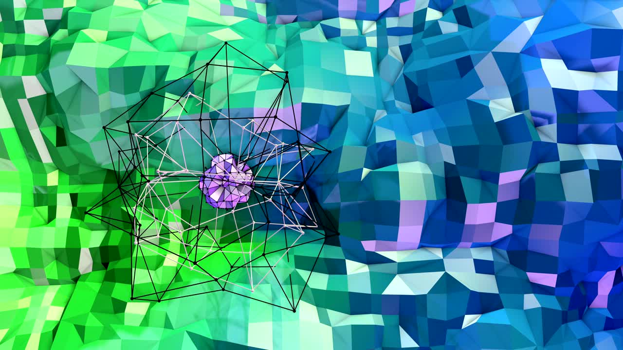 4k animación de fondo de bajo poli en bucle. animación 3d sin costuras como creativo simple de bajo poli fondo. v10 paisaje verde azul con esfera y marco móvil