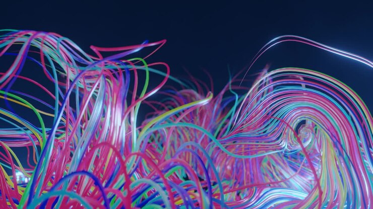 Mysterious background with live curved lines, close-up. live curls underwater like fur, multi-colored threads or hair. Mist and DOF bokeh effects. Volumetric lights. 4k seamless looped bg