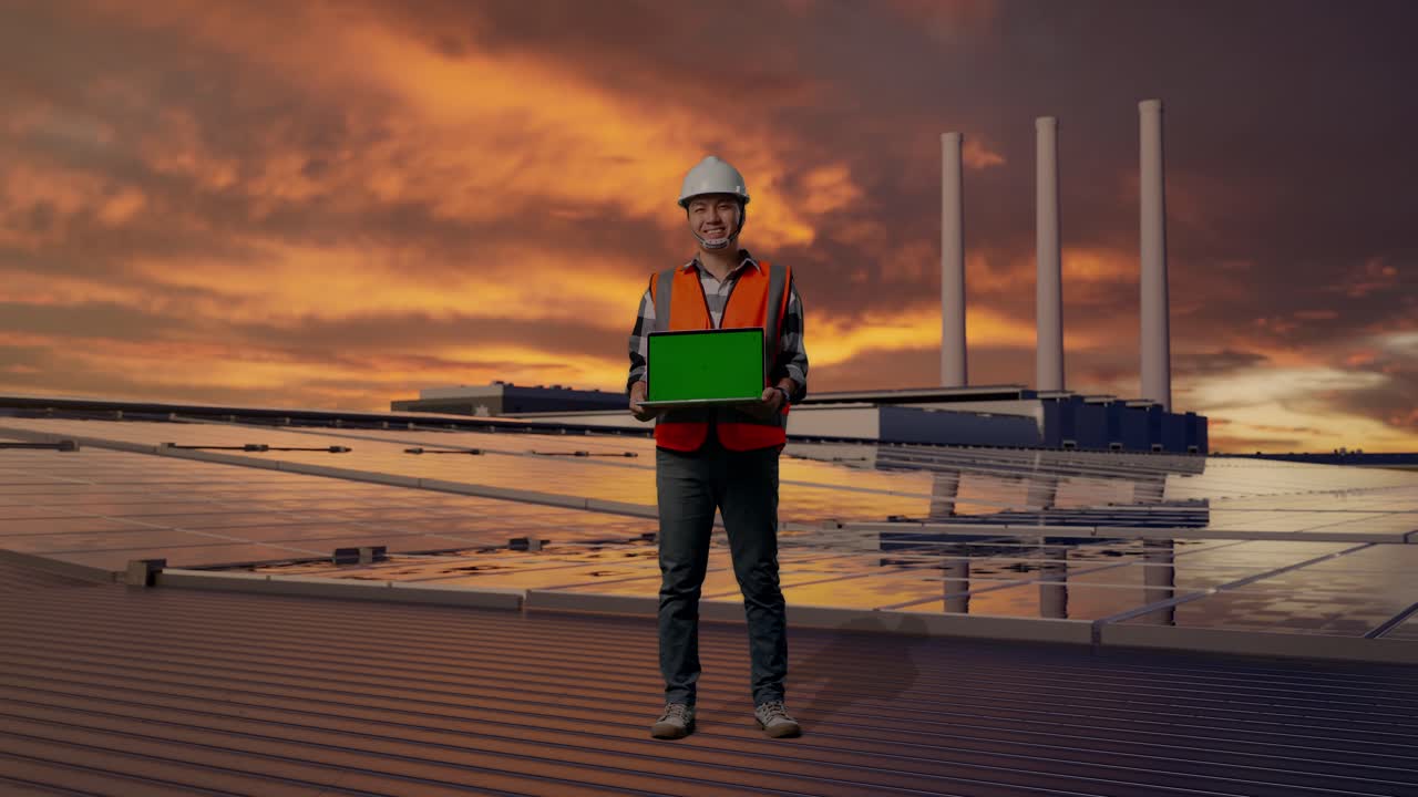 Ganzkörperaufnahme eines asiatischen Ingenieurs mit Schutzhelm, der stehend lächelt, einen Laptop mit grünem Bildschirm in die Kamera hält und bei Sonnenuntergang Solarmodule auf einem Dach inspiziert.