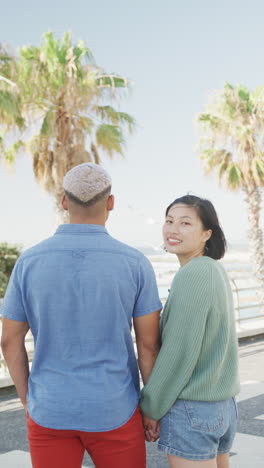 vertical video of happy biracial couple holding hands on promenade, in slow motion