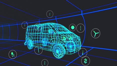 animación de iconos que procesan datos de estado sobre un modelo de furgoneta 3d que se mueve sobre un fondo negro
