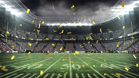 Animation-of-golden-confetti-falling-against-view-of-rugby-stadium