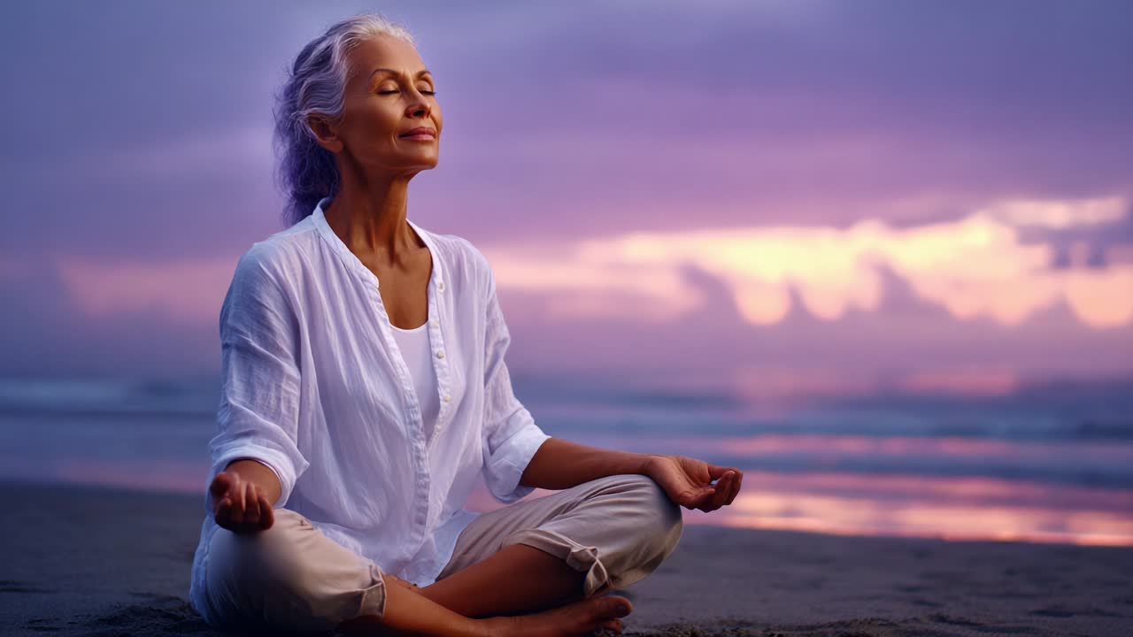 A Serene Evening Meditation: Capturing the Tranquility and Peace of an Elderly Woman as She Meditates on the Beach Under a Vibrant Sunset Sky, Embracing Inner Calmness and Mindfulness