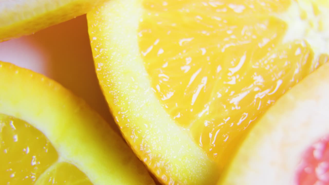 많은 다채로운 신선한 호두 과일 조각 오렌지, 그레이프프루트