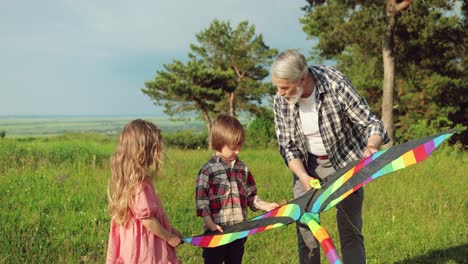 happy and joyful caucasian sister and brother, playing with their grandfather with a kite and looking at camera