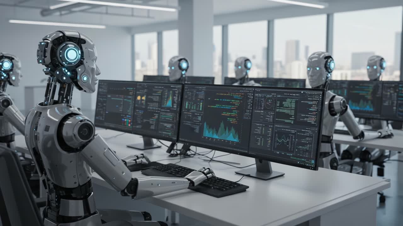 Advanced Robotics in Action: A Futuristic Laboratory Filled with Sophisticated Robots Engaged in Data Processing and Analysis at Workstations with Multiple Monitors