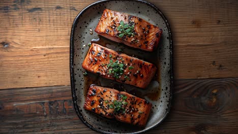 salmón a la parrilla con semillas de sésamo y salsa teriyaki