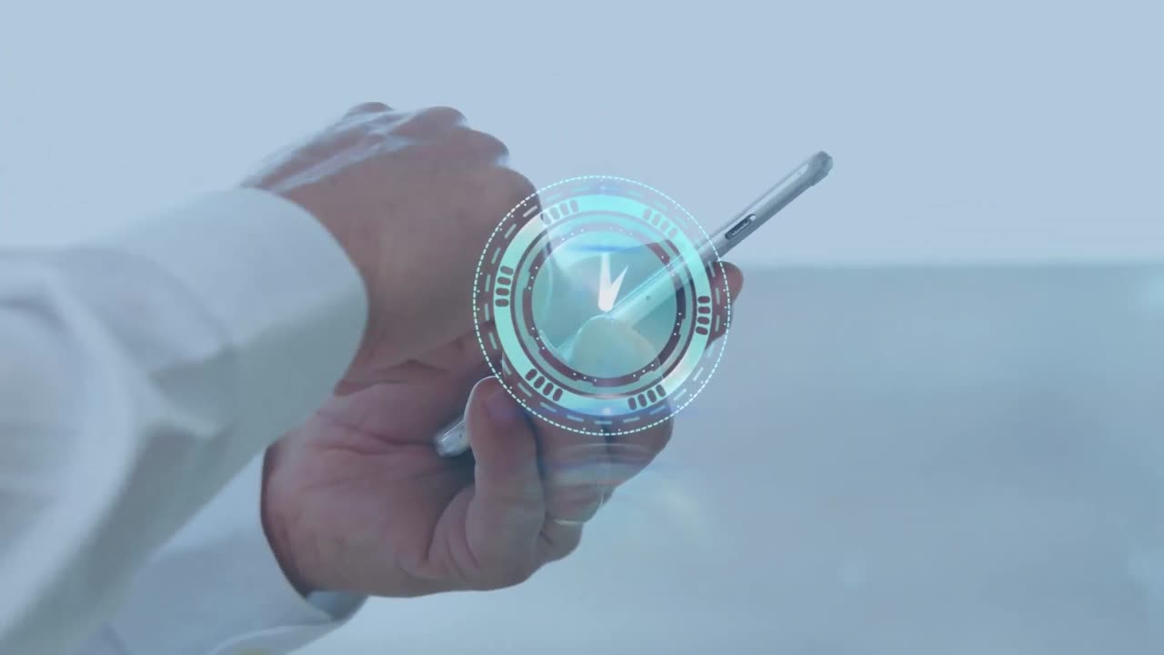 스마트 폰을 사용하는 코카시안 사업가의 스 ⁇  스캔 및 시계 애니메이션