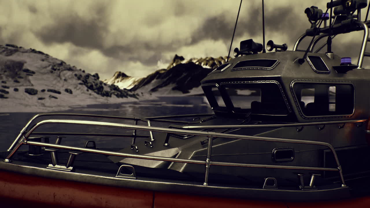 Rescue vessel docked by rugged mountains under a cloudy sky
