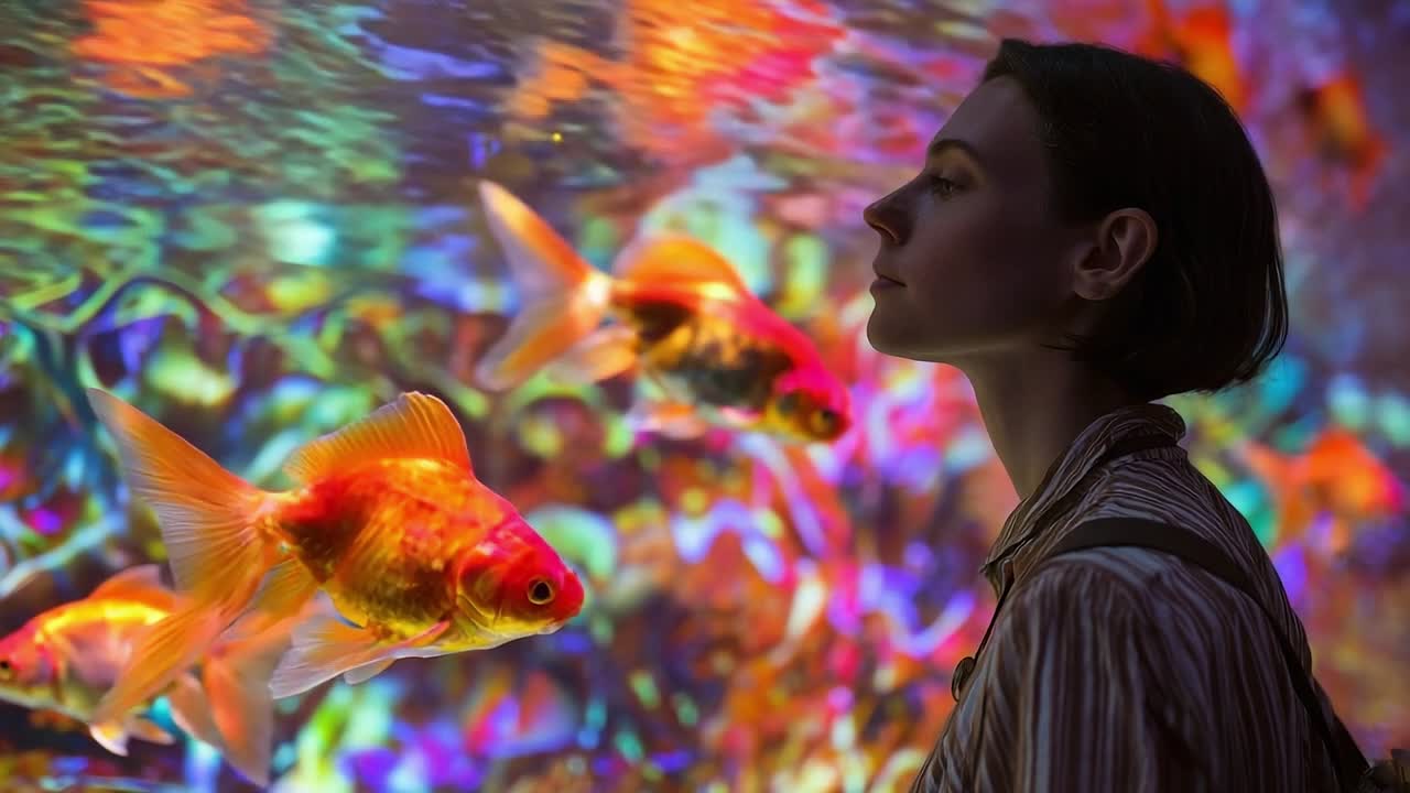 Osservando pesci colorati in un acquario di sera.