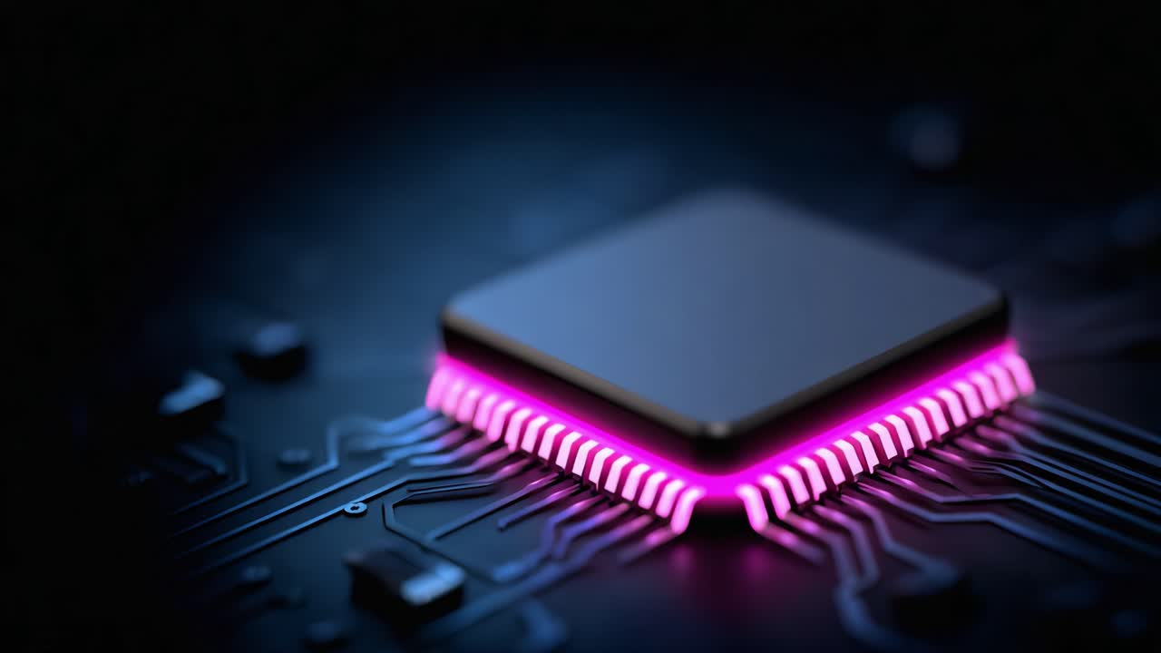 Stunning Close-Up of a Modern Microprocessor on a Circuit Board with Vibrant Pink Accents Illuminating Its Edge in a High-Tech Environment