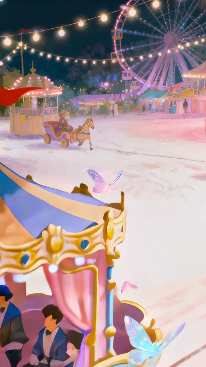 Vertical video: Parade passing, panning mounted rider and princess in gown performing under lights