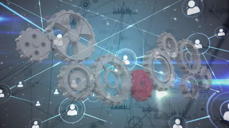 Animation of cogs spinning and network of connections with people icons