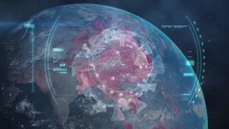 animation of covid 19 cell over globe, scope scanning and data processing