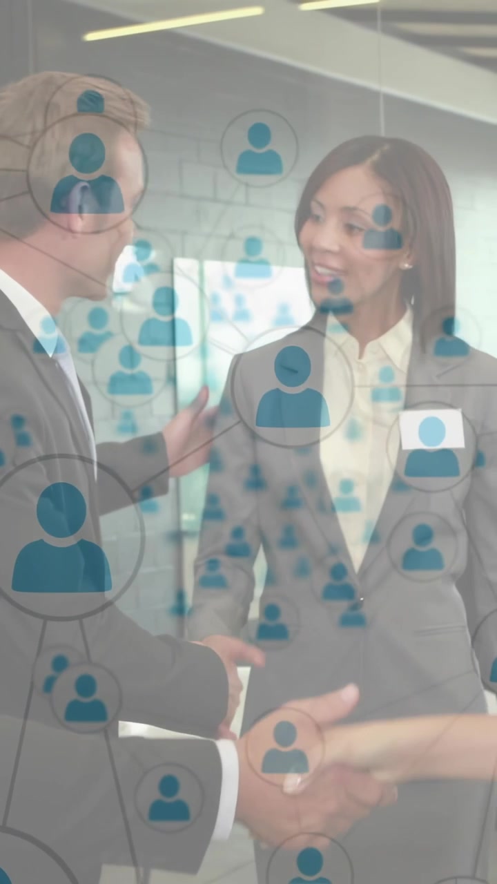 Vertical video: Man approaching and reaching hand, shaking hands to network under blue overlay