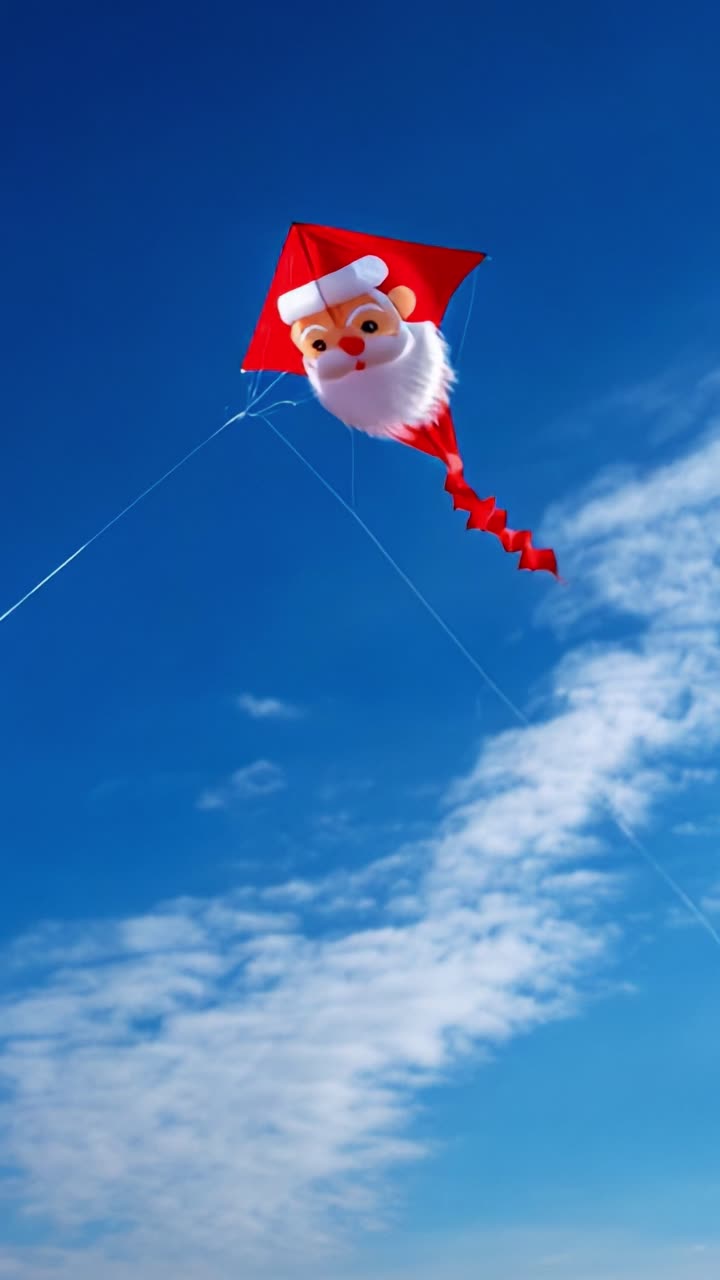A Whimsical Santa Kite Soaring Amidst a Vibrant Blue Sky with Fluffy Clouds, Perfectly Capturing the Joyful Spirit of Festive Celebrations and Outdoor Activities for All Ages