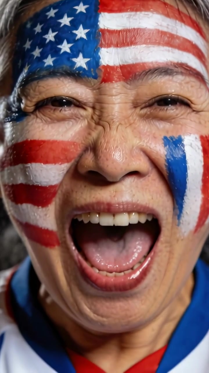 Vídeo vertical: Mulher asiática idosa sorridente torcendo pelos EUA, com a câmera filmando e mostrando uma fã com pintura de bandeira.