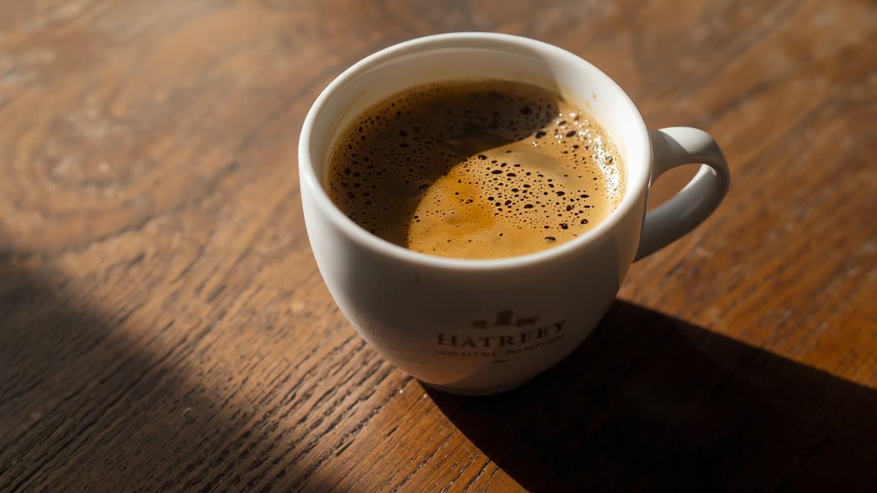 Opening closeup showing white ceramic coffee cup resting on wood tabletop, shifting light interplay