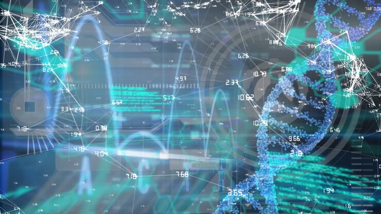 Animation of dna strand, data processing and network of connections over black background