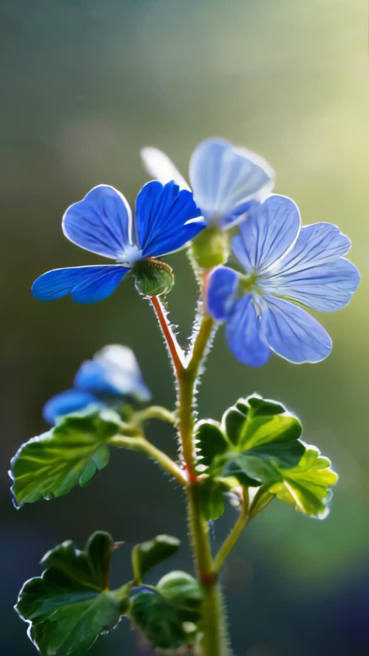 Nærbilde av blå blomst med duggdråper.