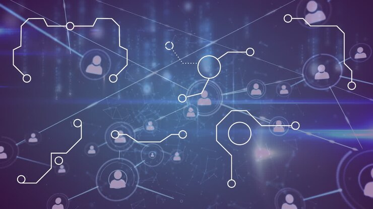 Animation of light trails over network of connections on black background