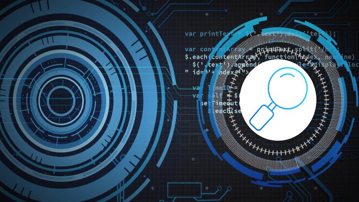Animation of data processing over blue circular scanners and search icon on black background