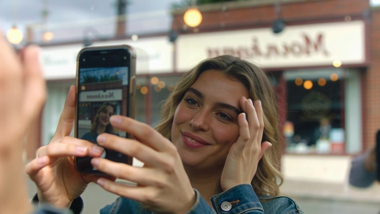 Kvinne i dongerijakke åpner telefonkameraet og komponerer en selfie for å fange et flatterende bilde på fortauet.