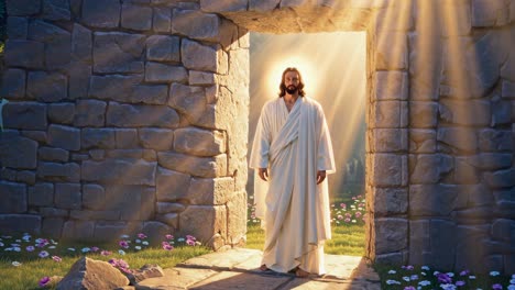 jesus emerging from a stone gateway