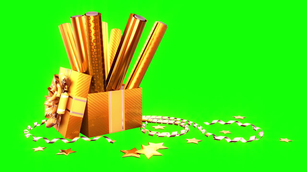 золотистая декоративная бумага и подарок на зеленом экране, изолированный